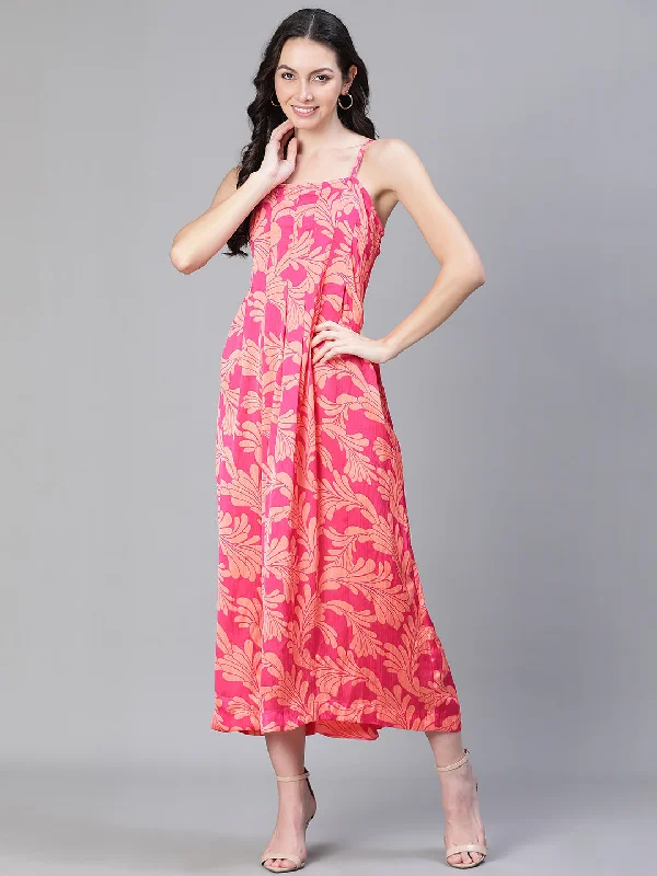 maxi dresses for beachWomen Floral Print Shoulder Strapped Pink Long Dress-S23500WDR002