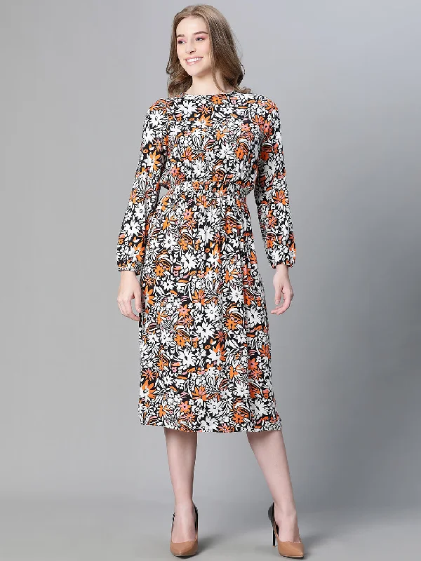 maxi dresses for plus sizeWomen Multicolor Floral Print Round Neck Long Sleeve Long Dress-W23227WDR002