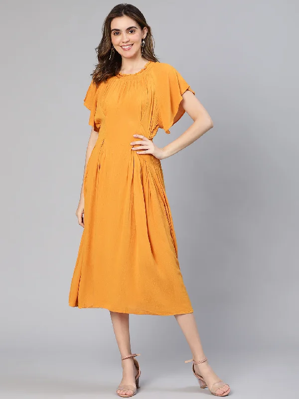 maxi dresses with thigh-high slitsWomen solid mustard color soild long gathered pleats vicose dress